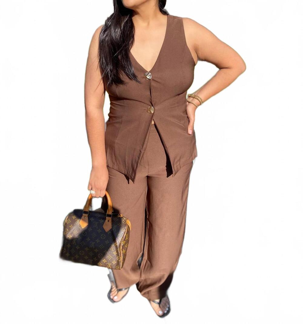 NEW MF button front vest and wide leg trousers set in brown